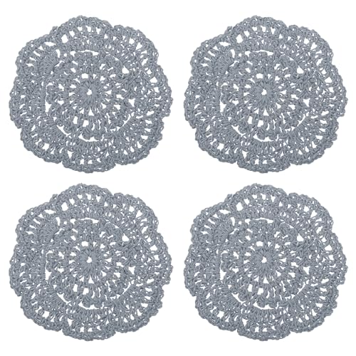 Crochet Doilies, 4Pcs 4" - Cotton Woven Fabric Coasters, Lace Round Handmade Coasters with Floral Pattern for Wedding Party Decoration (Grey)