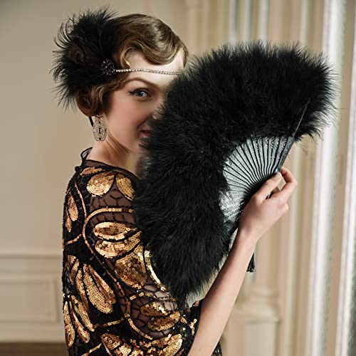 BABEYOND 1920s Marabou Feather Folding Hand Fan - color: Black-black Rib
