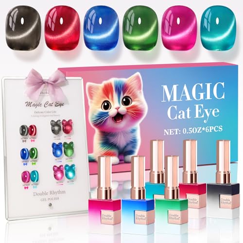 Double Rhythm Cat Eye Gel Nail Polish Set of 6 Same Color Same Bottle 0.5 Oz Shimmer Glitter with Magnet Holographic Reflective Magnetic UV Polish Kit at Home (Black Red Green Navy-T6-44) - color: Black Red Green Navy