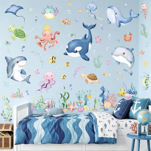 Ocean Animals Wall Decals - 9 Sheets 67Pcs Under the Sea Wall Stickers Sea Creature Peel and Stick Wallpaper Ocean Themed Fish Wall Decals for Kids Bedroom Living Room Bathroom Decoration - color: Ocean Animals