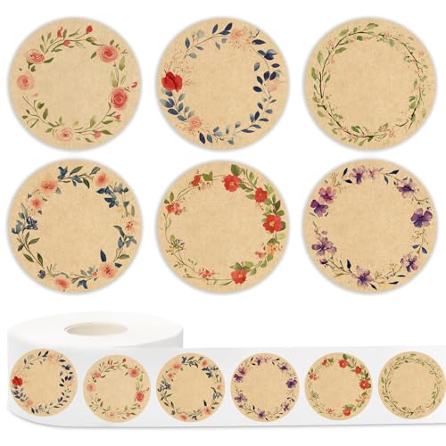 Whaline 500 Pcs Spring Kraft Label Stickers Roll Tag Stickers Watercolor Flower Wreath Self-Adhesive Decals for Holiday Invitation Envelope Decor, 6 Designs, 2 Inch