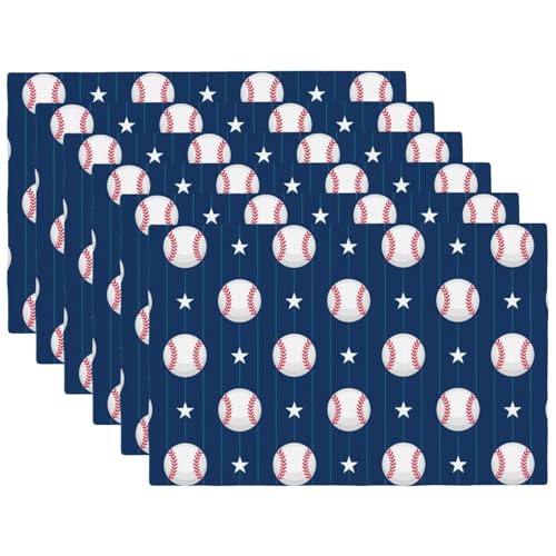 Baseball Theme Placemats Rectangle Linen Table Placemet Set of 6 - color: Blue White, size: Set of 6