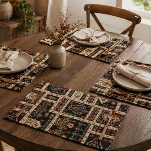 DaDa Bedding Turkish Batik Mughal Floral Tapestry Set of 4 Placemats - Woven Cotton Linen Kitchen Dining Table Mats - Multi-Colorful Black Vintage Indian Garden Ornament Dark Botanical - 13” x 19” - color: Dark Botanical