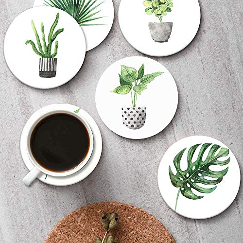 Britimes Coasters for Drinks, Set of 6, Ceramic Stone, Green Leaves - color: Green Leaves