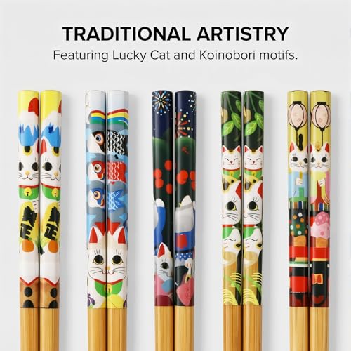Kawaii 5 Pairs Bamboo Chopsticks & 6 Cute Lucky Cat Holders, Classic Japanese Style, Dishwasher Safe, Gift Set