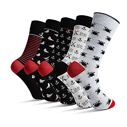 Mens Dress Socks, 5 Pair Combed Cotton Colorful Patterned Funny Crew Socks for Men Comfort - color: Crab