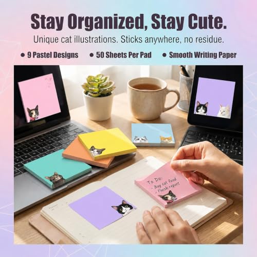 9 Pads Cute Cat Sticky Notes 3X3 Funny Post it Notes Notepads - color: Cat