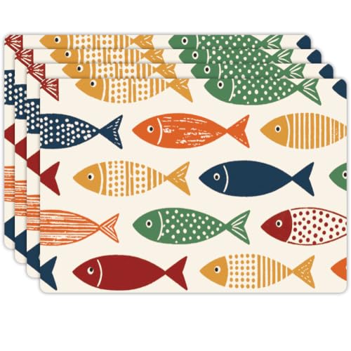 Peacoblue Placemats Set of 4,Faux Leather Colorful Cartoon Fish Design - style: Colorful Cartoon Fish