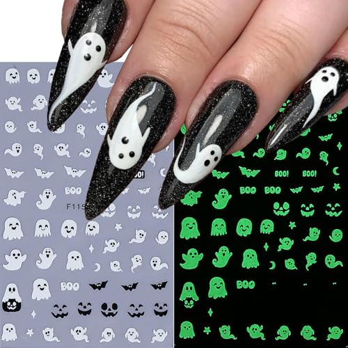 Halloween Ghost Nail Art Stickers Luminous Nail Stickers 6PCS Cute Ghost Bat Boo Halloween Nails Design 3D Self-Adhesive Nail Decals Nail Art Supplies Manicure Sliders for Women DIY Nail Decorations - style: style2
