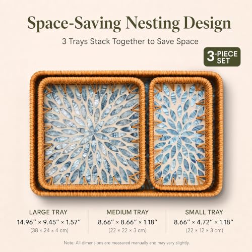Handwoven Rattan Tray Set of 3 with Mother of Pearl Blue Floral Inlay - color: Blue Floral