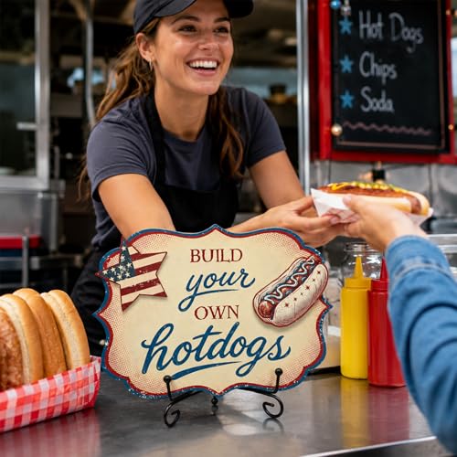 Hot Dog Stand Sign with Metal Display Stand, Wooden Patriotic Tabletop Menu Sign for BBQ Party, Food Truck, Buffet Table, Hot Dog Shop Decor, Independence Day 250th Anniversary Celebration - A01 - color: DLR A01