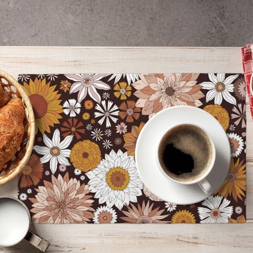 Retro Groovy Flower Power Placemats Set of 4 12x18 Inch - color: Dark Chocolate Brown, size: Set of 4