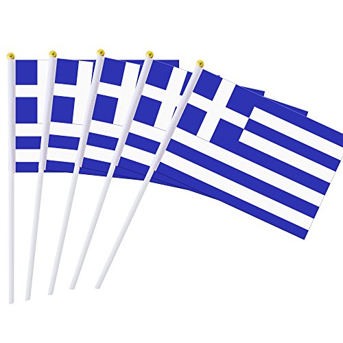25 Pack Hand Held Small Mini Greece Flag,Greek Stick Round Top National Country Flags,Party Decorations Supplies for Parades,World Cup,Festival Events,International Festival. - color: Greece