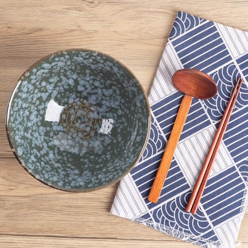 40oz Japanese Ceramic Ramen Bowl Set of 2 with Chopsticks and Spoons for Pho Udon Asian Soup Noodles (Jade Speck) - color: Jade Speck