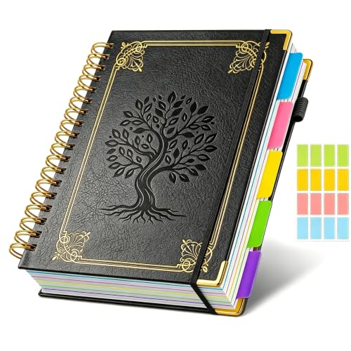 Hardcover Spiral Notebook Journal with Removable Dividers Tabs, 5 Subject Notebooks for Work School, 300 pages 8"x10" B5 leather Journal College Ruled, Cute Journal for women, Black - color: Black