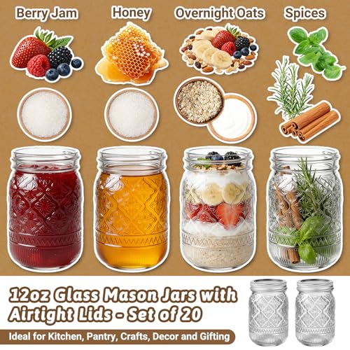 STARSIDE 12oz Glass Embossed Mason Jars 20-Pack with Airtight Split Lids - color: Clear04-12oz