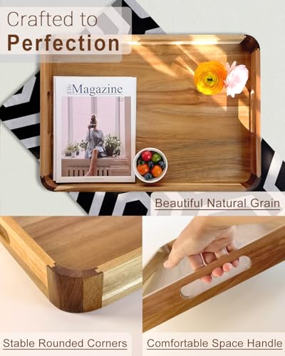 22 Inch Wooden Serving Tray, Acacia Ottoman Tray, Rounded Corners