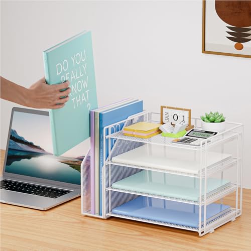 Marbrasse 4-Tier Paper Tray Organizer with File Holder, White - color: White