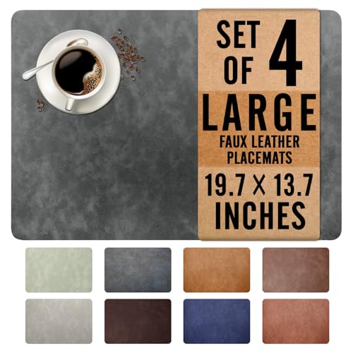 UnivoColors Washed Cowhide Pattern Faux Leather Big Size Placemats Set of 4, Waterproof Easy to Clean Anti-Slip PU Table Mats for Party Decoration19.7″×13.6″,Dark Grey Retro Cowhide Pattern - color: Dark Grey