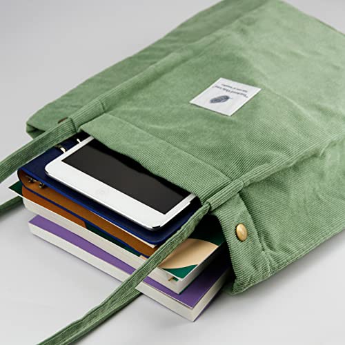 Corduroy Tote Bag Cute Tote Bags for Women Shoulder Bag with Inner Pocket for Work Beach Travel and Shopping Grocery - style: Matcha Green