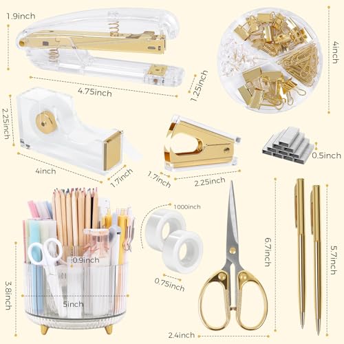 SKYDUE Gold Office Supplies Set with Pencil Holder for Desk - color: Gold