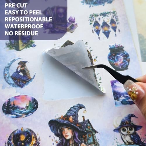 Starlit Realm Fantasy Sticker Book - Waterproof & Repositionable Celestial Decals, Pre-Cut Magical Fairies, Moons & Stars for Scrapbook, Journal & DIY Crafts, No Residue - color: Purple Magic