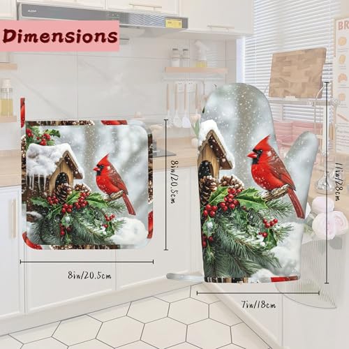 Cardinal Heat-Resistant Silicone Oven Mitts and Pot Holder 4 Piece Set,Christmas Berry Non-Slip Kitchen Oven Gloves for Baking, BBQ, Cooking,Grilling - color: Cardinal Christmas Berry