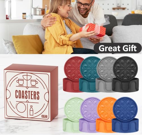 HFHOME Silicone Coasters Set with Holder - 6 Pack Drink Coasters for Coffee Table, Bar, Desk - Tabletop Protection Gift - Black - color: Pure Black