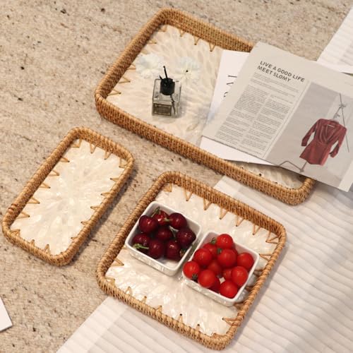 Rectangle Rattan Tray with Mother of Pearl Inlay, Handmade Wicker Fruit/Bread/Coffee Serving Basket for Party Picnic Table Kitchen Home Boho Decor 3 Sizes (White Flower) - color: White Flower