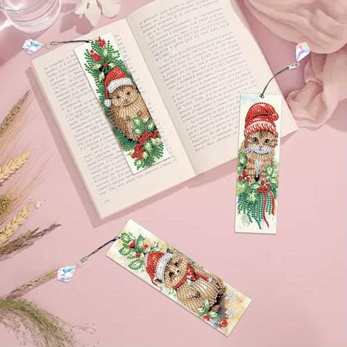 Tontut 3 Piece Bookmark Diamond Art Painting Kit, Christmas Cat DIY Diamond Handmade Art Bookmarks for Book Lovers, Can be a Gift for Friends - color: Santa Kitty