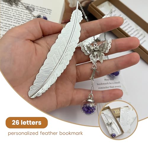 Letter Butterfly Metal Feather Bookmarks Gifts for Reading Women Book Lovers Unique Book Mark Birthday Mothers Day Valentines Christmas Gift for Teacher Mom Best Friend Coworkers Stocking Stuffers- A - style: Silver-A
