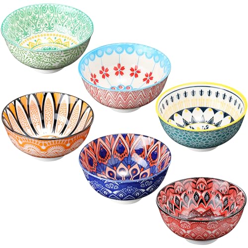 FillTouch 6 Pack 24 oz Ceramic Bowl Set Ceramic Dessert Bowls for Kitchen Serving Dishes Soup Salad Pasta Ramen Cereal Rice Colorful Design Microwave and Dishwasher Safe, 6.25''