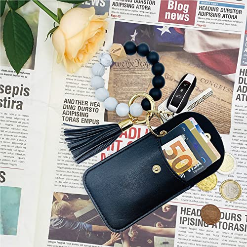 Keychain Wallet Wristlet Small Credit Card Holder Bracelet Key Chain Purse Bangle Tassel Beads Key Rings for Women - color: 02-black S