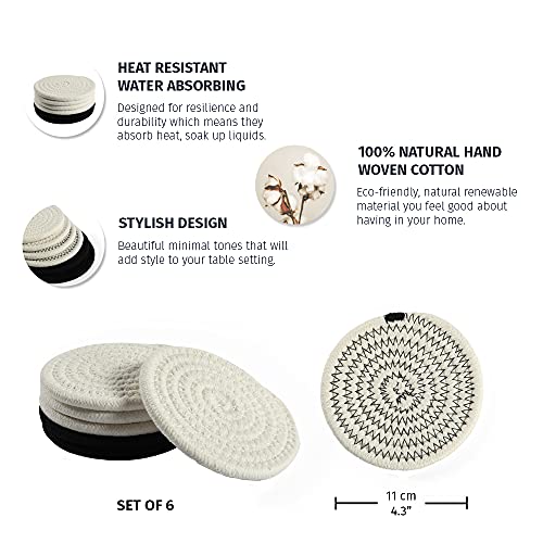 OrganiHaus Drink Coasters Set of 6, Absorbent Cotton Woven Cup Coasters, Rustic Farmhouse Boho Decor for Coffee Table and Drinks Protection, Cute Coaster for Drinks - Black/Off-White - color: Black/Stitches/White