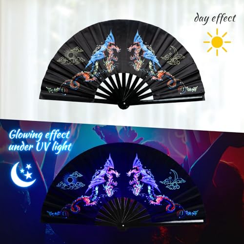 SYNTECSO Folding Hand Fan for Rave, UV Glow Clack Fan - color: Dragons