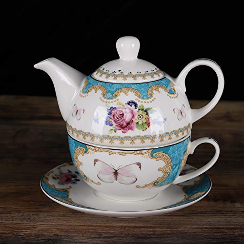 fanquare English Blue Porcelain Tea for One Set, Floral Teapot with Cup