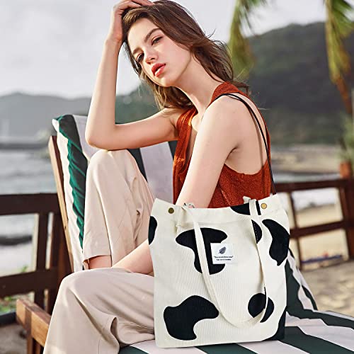 Ayieyill Corduroy Tote Bag for Women Canvas Shoulder Cord Purse with Inner Pocket - color: Cow