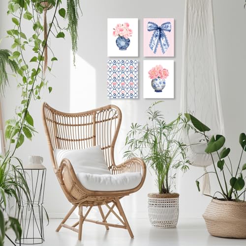 LUKIPOM Chinoiserie Pink Hydrangea Wall Art Poster, Coquette Blue Bow Grandmillennial Floral Wall Decor Gifts for Women Teen Girls Home Bedroom Living Room，12x16in Set of 4 Unframed - color: Color 007
