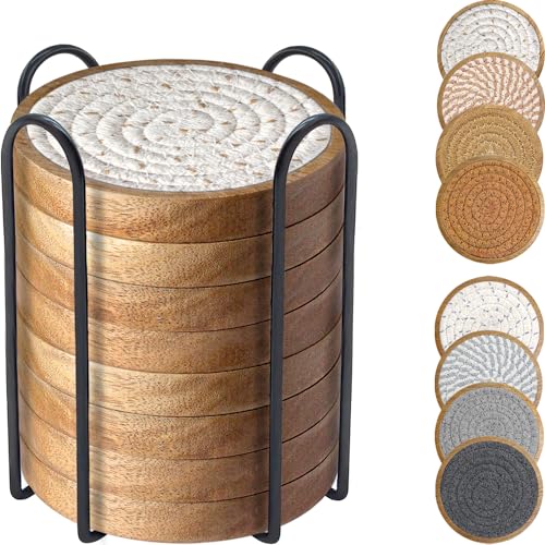 Eykao Coasters for Drinks Absorbent Sets of 8, Woven Coasters with Holder, Wood Coasters for Coffee Table, Housewarming Gift for Farmhouse Home Decor, 4 inches - color: Brown & Grey