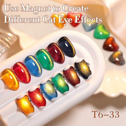 Double Rhythm Cat Eye Gel Nail Polish Set of 6 Same Color Same Bottle 0.5 Oz Shimmer Glitter with Magnet Holographic Reflective Magnetic UV Polish Kit (Golden Black Brown Red Blue Green-T6-33) - color: Neon Yellow Green