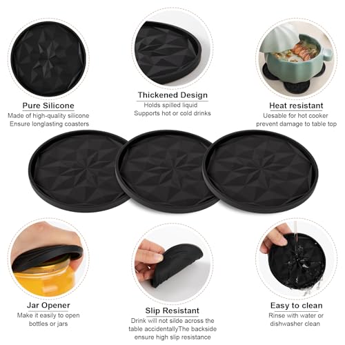 OIAHOMY 8 Pcs Coasters with Holder for Beer, Coffee, Silicone Coaster Set for Table Decor for Kitchen, Bar, Dining Room, Living Room, Housewarming Gifts - Black - color: Pure Black, size: 8Pcs
