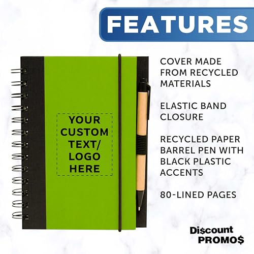DISCOUNT PROMOS Custom Eco Block Notebooks with Pens Set of 10/50/100, Personalized Bulk Pack - Perfect for School, Office, Business, Home - Lime Green - color: - Custom - Lime Green, size: 10/50/100 notebooks