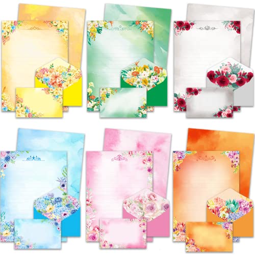 Anzon Mories 72 Pieces Cute Stationary Writing Paper and Envelope Set (2 Sides Colored, 1 Side Lined) 48 Sheets, 24 Pcs Envelopes, Flower Letter Stationery Floral Decoration (Inches, 5.5 x 7.5)