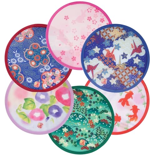Topbuti 6 Pcs Floral Round Folding Hand Fan Japanese Foldable Fan Handheld Cooling Fans for Festival Summer Wedding Party Favors Decorations (Japanese, 8 Inch)