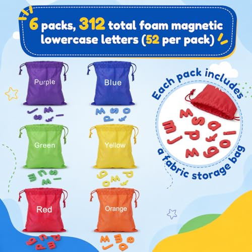 312 Pcs Magnetic Lowercase Letters, 12 Alphabet Sets with 6 Rainbow Bags, Phonics Fridge Magnets for Toddlers, Educational Classroom Learning Toys for Preschool Kindergarten Homeschool Kids