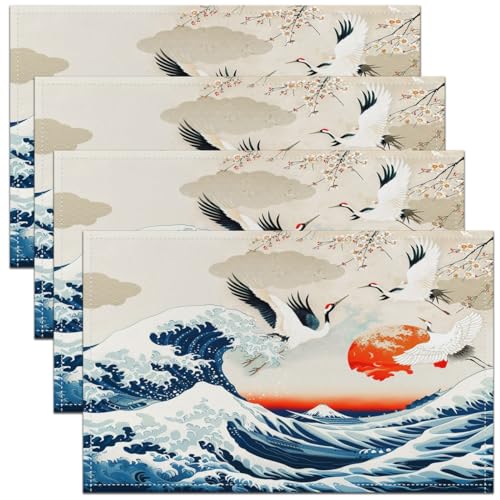 Feelyou Japanese Wave Placemats Set of 4 Crane Cherry Blossoms Placemat for Kitchen Dining Table 18"x12" Red Sun Hokusai Pattern Table Place Mats Japanese Style Indoor Outdoor Decor Table Mats - color: Blue and Red