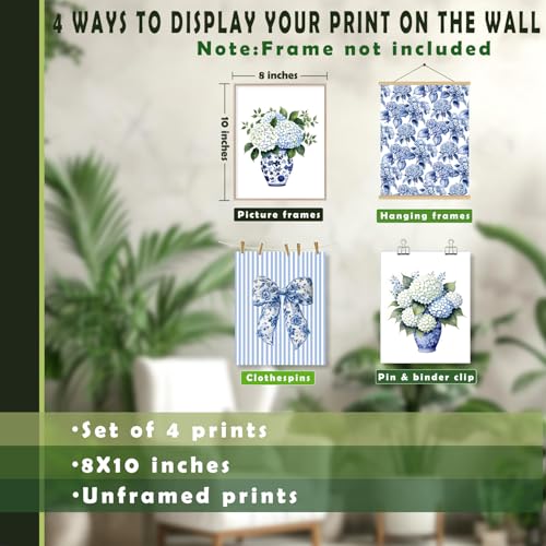 LUKIPOM Blue Chinoiserie Hydrangea Wall Art Poster,Blue and White Coquette Grandmillennial Floral Canvas Wall Decor Gifts for Women Teen Girls Home Bedroom Living Room， 8x12inin Set of 4 Unframed - color: Color 014