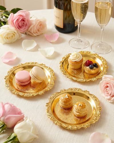 Gold Decorative Tray Set of 2, 10'' Round Vintage Metal Serving Tray, Medium Ornate Coffee Table Centerpiece, Vanity Tray for Perfume, Jewelry, Party Decor - color: Gold, size: 10''