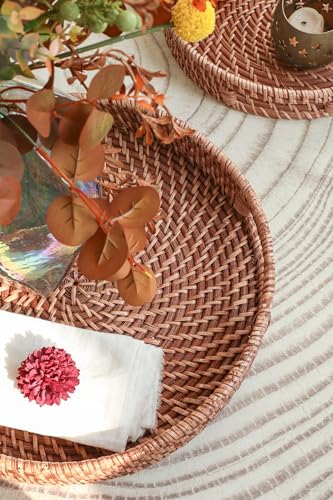 HITOMEN 14.2" Hand-Woven Round Rattan Serving Tray Decorative Ottoman Wicker Platter with Handles for Coffee Table, Breakfast, Drinks, Snack, Bread, Fruit, Vegetables (Honey Brown-L) - color: Honey Brown, size: Large (14.2 inches)