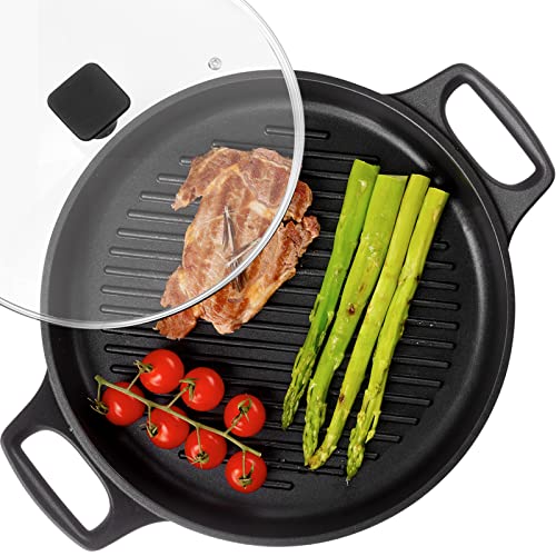S·KITCHN Cast Aluminum Griddle Pan for Stovetop with Lid - Lighter than Cast Iron Skillet,Round Frying Pans Nonstick Grill Pan Dishwasher & Oven Safe,12IN - size: 12 IN